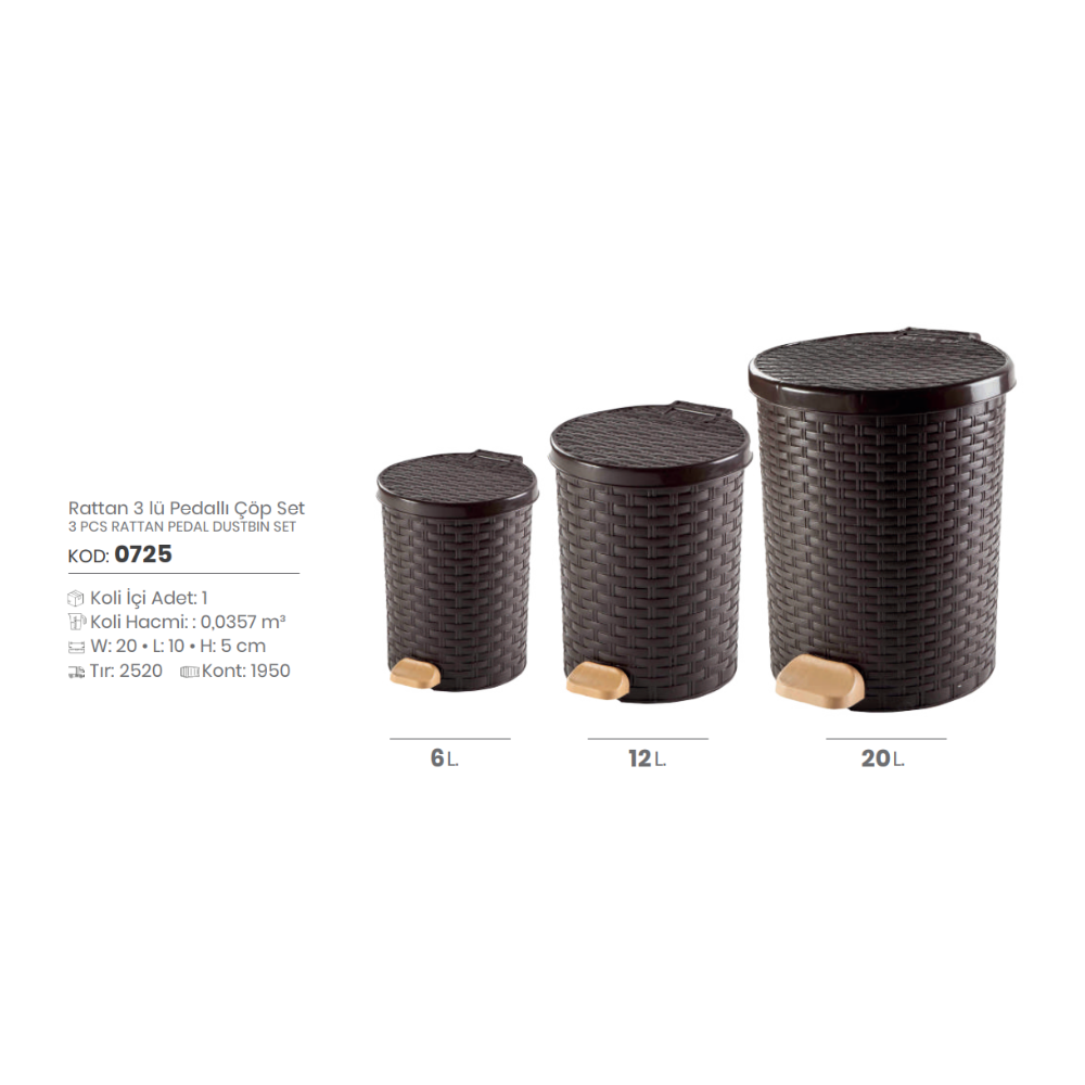 JUEGO DE CUBOS DE BASURA CON PEDAL DE RATÁN DE 3 PIEZAS - Caja 1 PCS