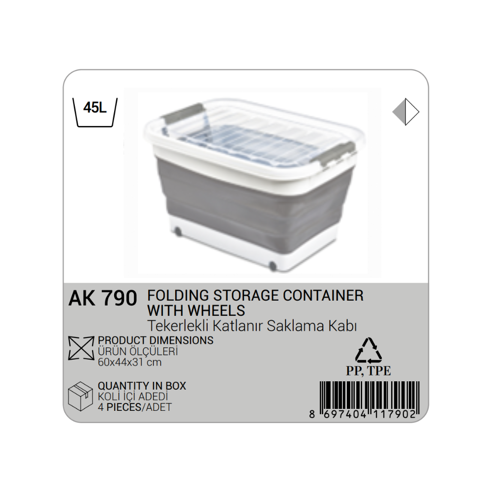 CONTENEDOR DE ALMACENAMIENTO PLEGABLE CON RUEDAS (45 LT)