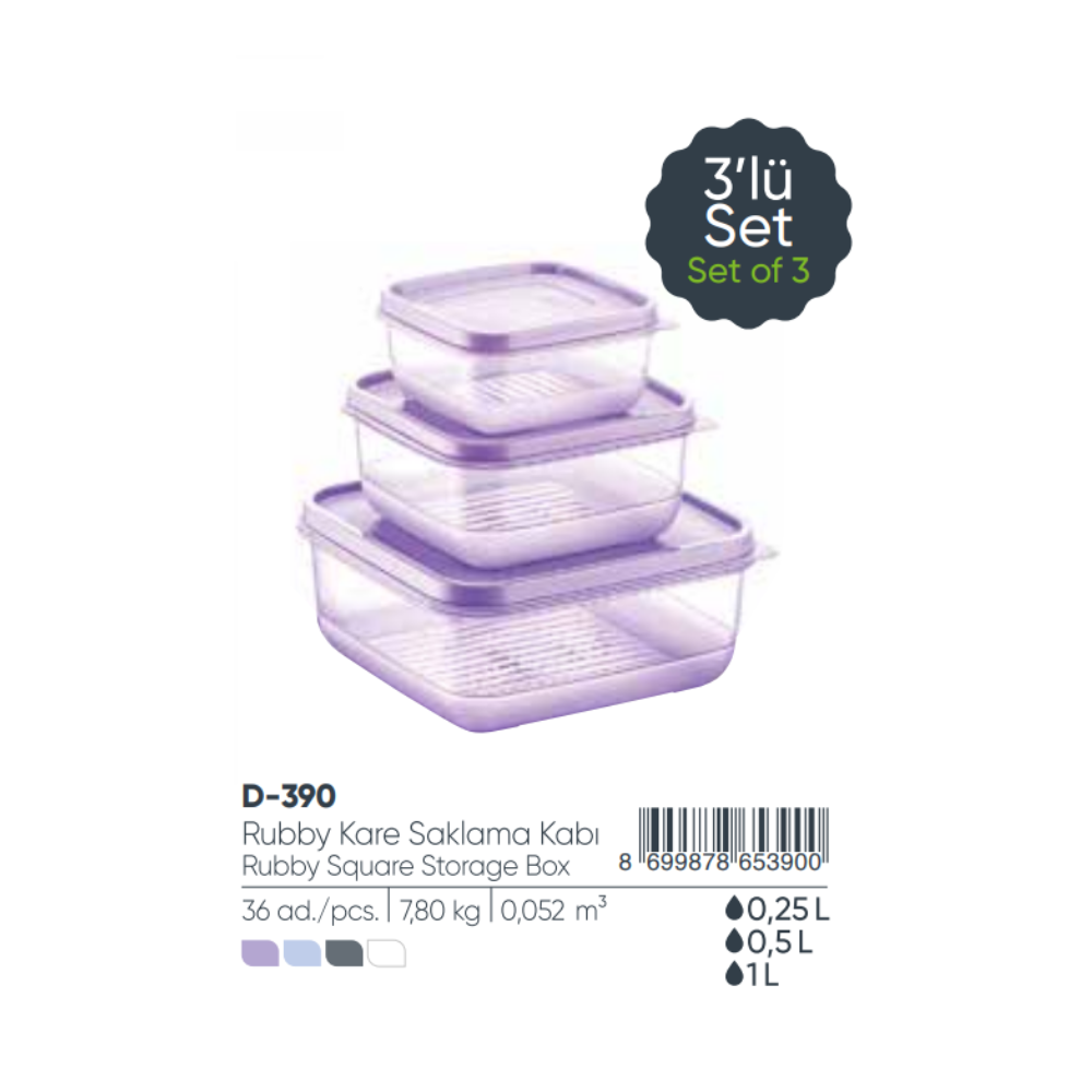 CAJAS DE ALMACENAMIENTO CUADRADAS RUBBY Set (250+500+ 1000) ml