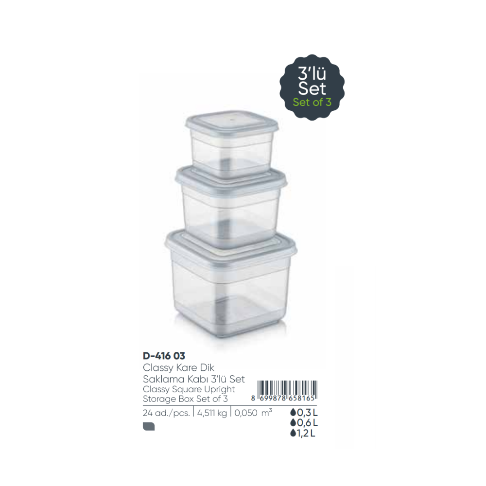 CAJA DE ALMACENAMIENTO CUADRADA CON CLASE 3 PIEZAS (300 + 600 + 1200 ) ML