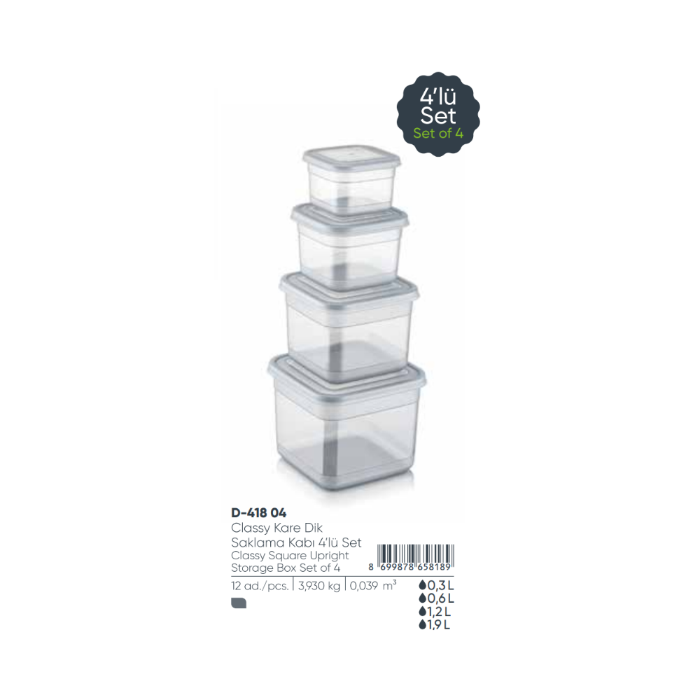 CAJA DE ALMACENAMIENTO CUADRADA CON CLASE JUEGO DE 3 PIEZAS (300 + 600 + 1200 + 1900 ) JUEGO 4 PIEZAS