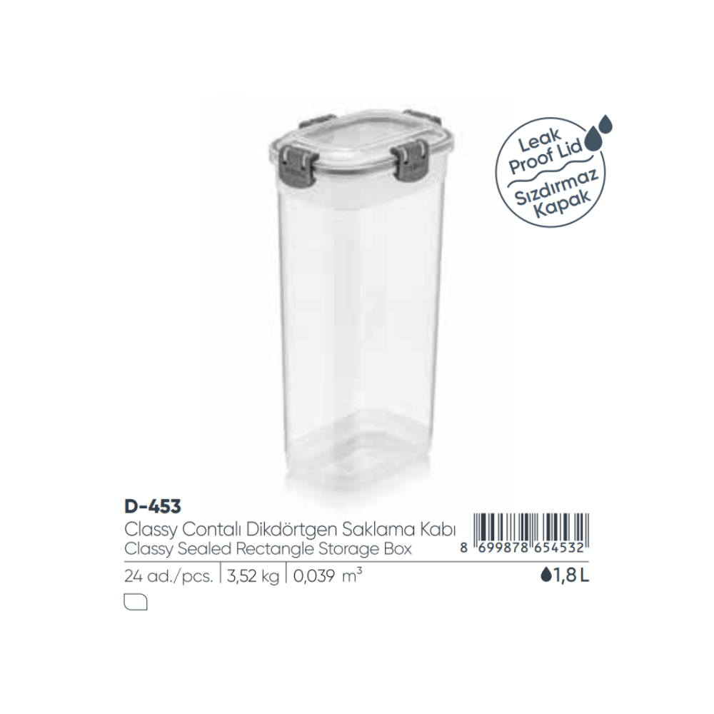 ELEGANTE CAJA DE ALMACENAMIENTO RECTANGULAR SELLADA DE 1,8LT