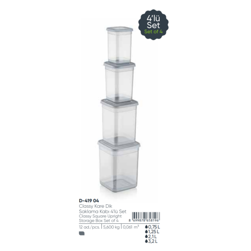 CAJA DE ALMACENAMIENTO CUADRADA CON CLASE 3 PIEZAS (750 + 1250 +2100 + 3200 ) ml NUEVO