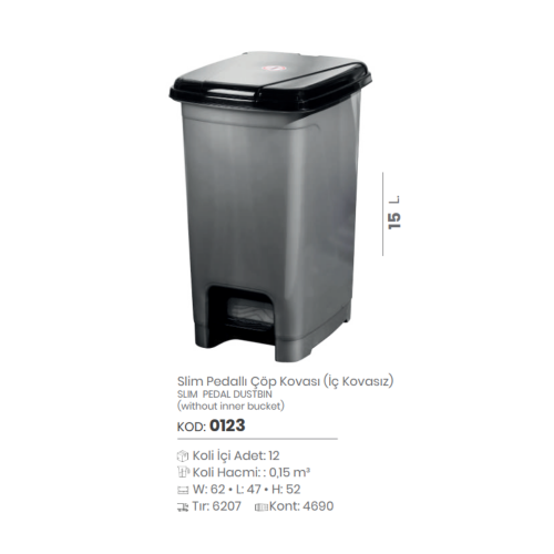 CUBO DE BASURA DE PEDAL DELGADO DE 15 LT. SIN CUBO INTERIOR
