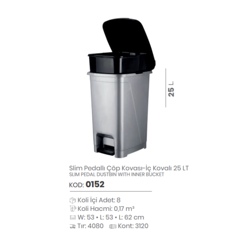 CUBO DE BASURA DE PEDAL DELGADO DE 25 Lt. CON CUBO INTERIOR