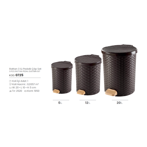 JUEGO DE CUBOS DE BASURA CON PEDAL DE RATÁN DE 3 PIEZAS - Caja 1 PCS