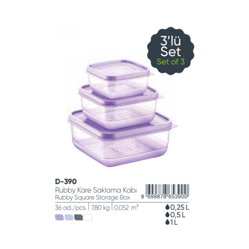 CAJAS DE ALMACENAMIENTO CUADRADAS RUBBY Set (250+500+ 1000) ml