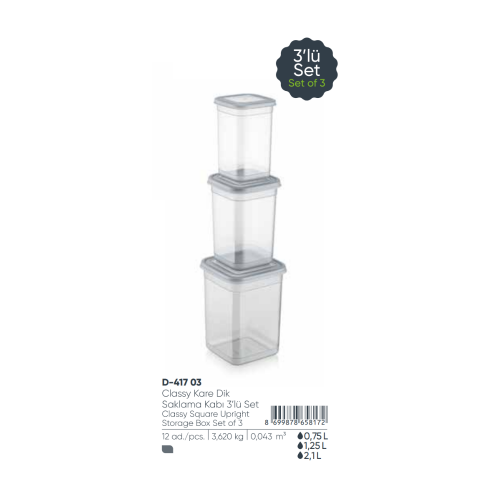 CAJA DE ALMACENAMIENTO CUADRADA CLASSY 3 PIEZAS (750 + 1250 +2100 ) ml NUEVO