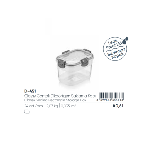 ELEGANTE CAJA DE ALMACENAMIENTO RECTANGULAR SELLADA DE 0,6 LT